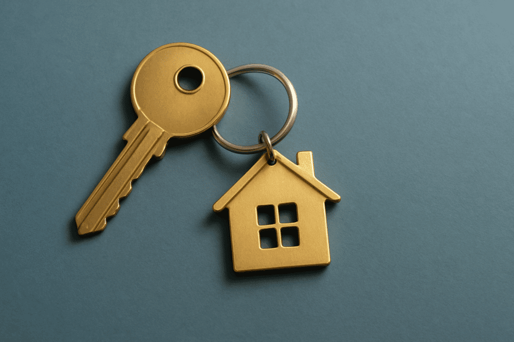 Brassfarbener Schlüssel mit Haus-förmigem Anhänger auf blauem Hintergrund – Symbol für Wohnungsvermietung bei Immobilien Seegerer.