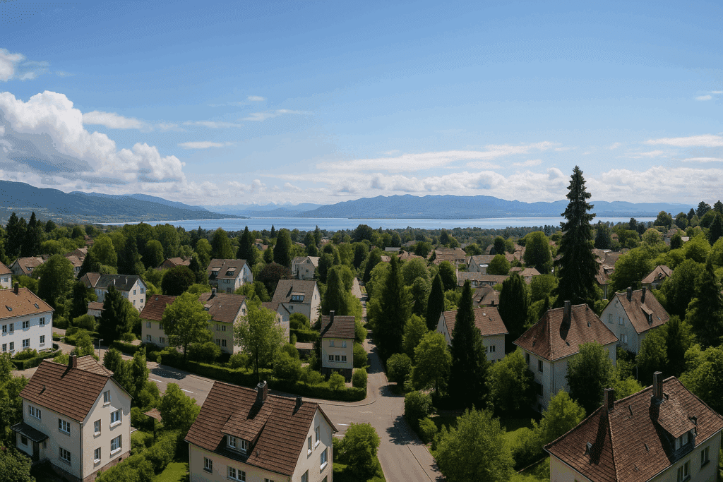 Panoramablick vom Wannental über grüne Wohnhäuser hinweg auf den Bodensee mit Alpenkulisse im Hintergrund