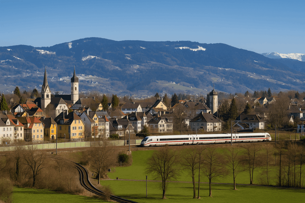 Blick auf den Lindauer Stadtteil Aeschach mit Bahnlinie, historischen Gebäuden, Kirchtürmen und Alpenpanorama im Hintergrund